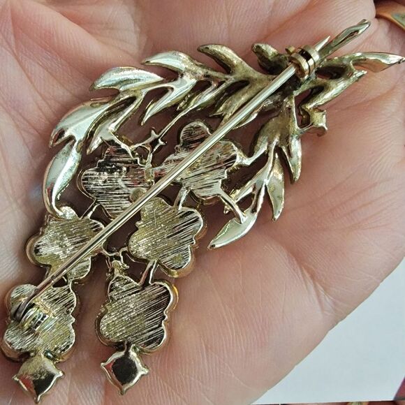 #Vintage Leaf #Brooch Silver Tone. 34 Coral Pink Rose Tone Rhinestones - Picture 4 of 5